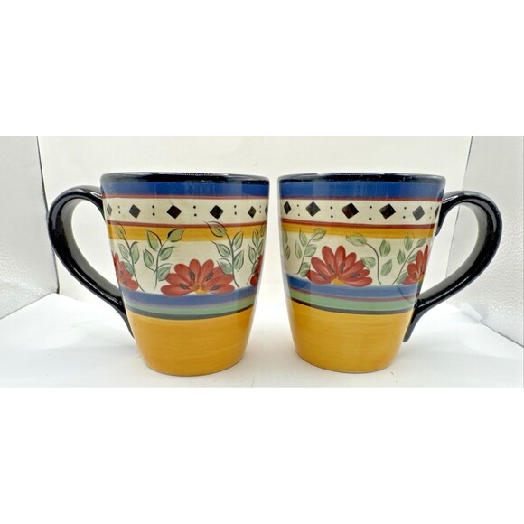 Pier 1 Other - Pier 1 Alexandria Hand Painted Earthenware Mugs Yellow Blue Red Flowers Set of 2